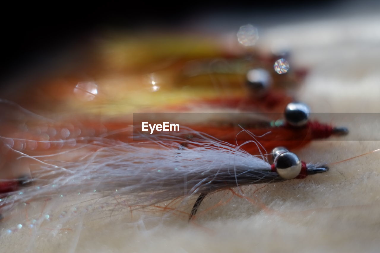 Close up of fishing tackles on table