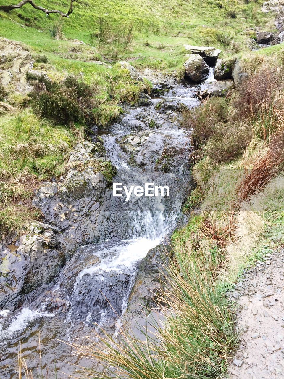 HIGH ANGLE VIEW OF WATER FLOWING IN SUNLIGHT