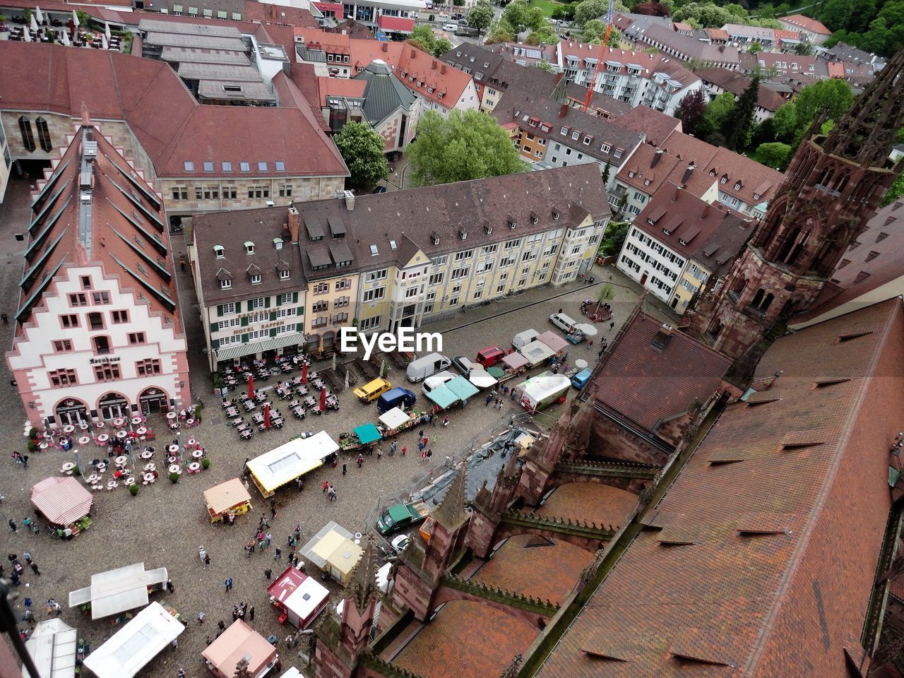 High angle view of city and market square in freiburg germany