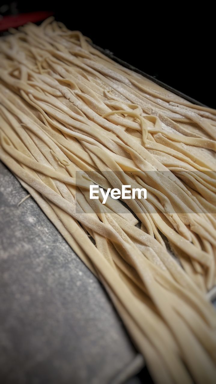 High angle view of homemade pasta noodles