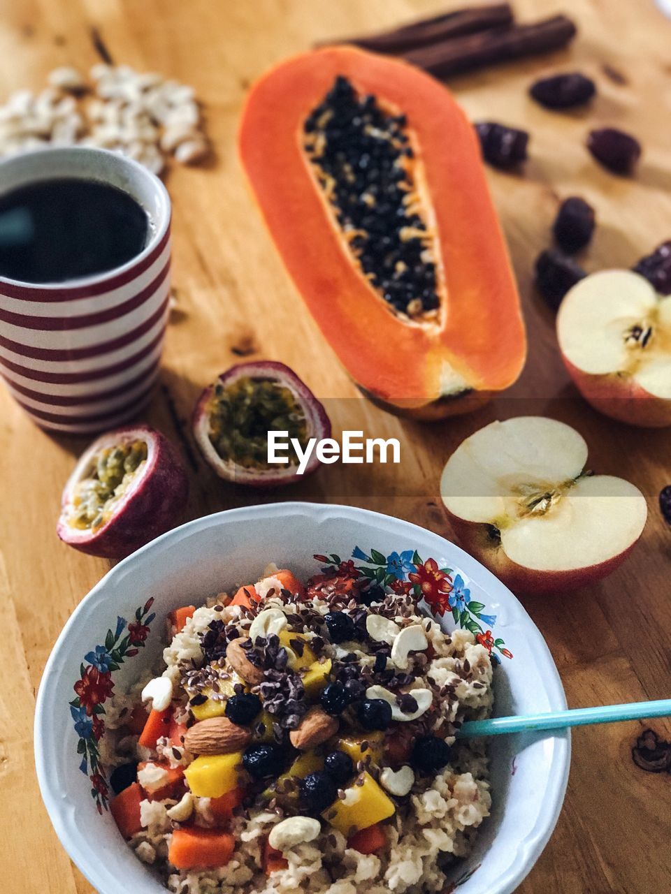 High angle view of healthy breakfast on table