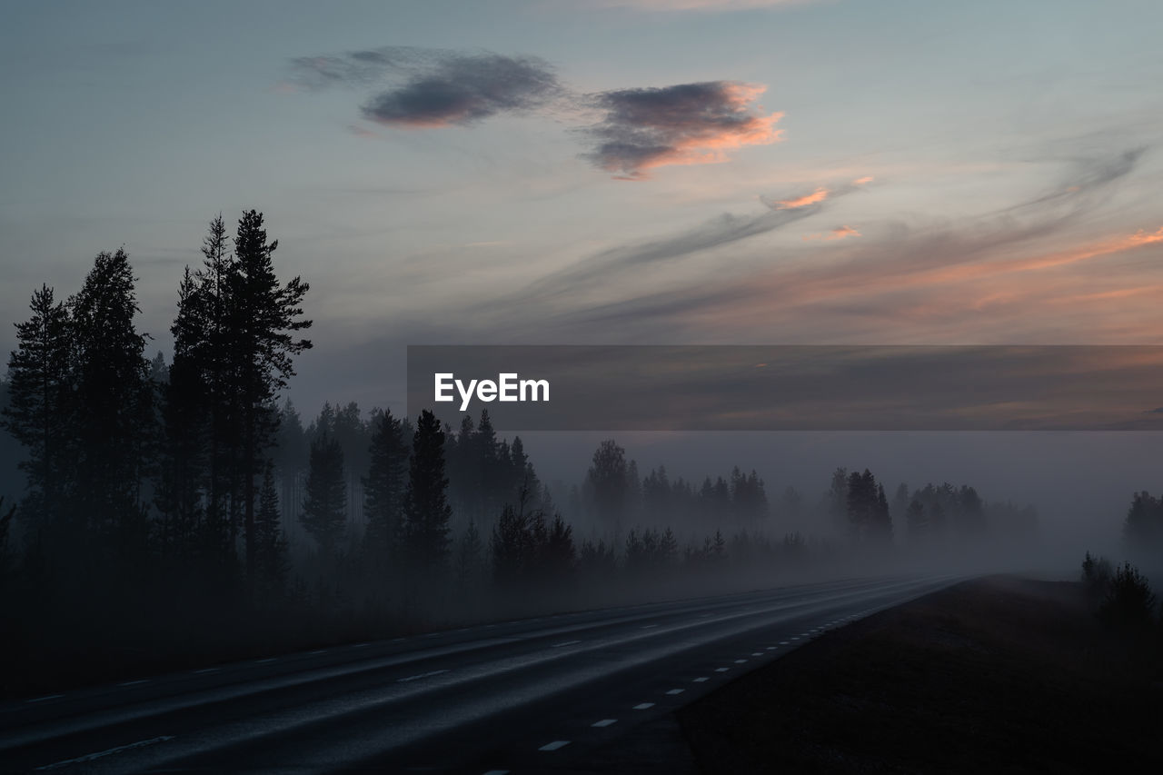 tree, morning, sky, dawn, sunrise, cloud, plant, transportation, beauty in nature, nature, mist, scenics - nature, no people, road, tranquility, fog, tranquil scene, horizon, environment, non-urban scene, forest, landscape, darkness, the way forward, land, sunlight, mountain, outdoors, travel, silhouette, idyllic, mode of transportation