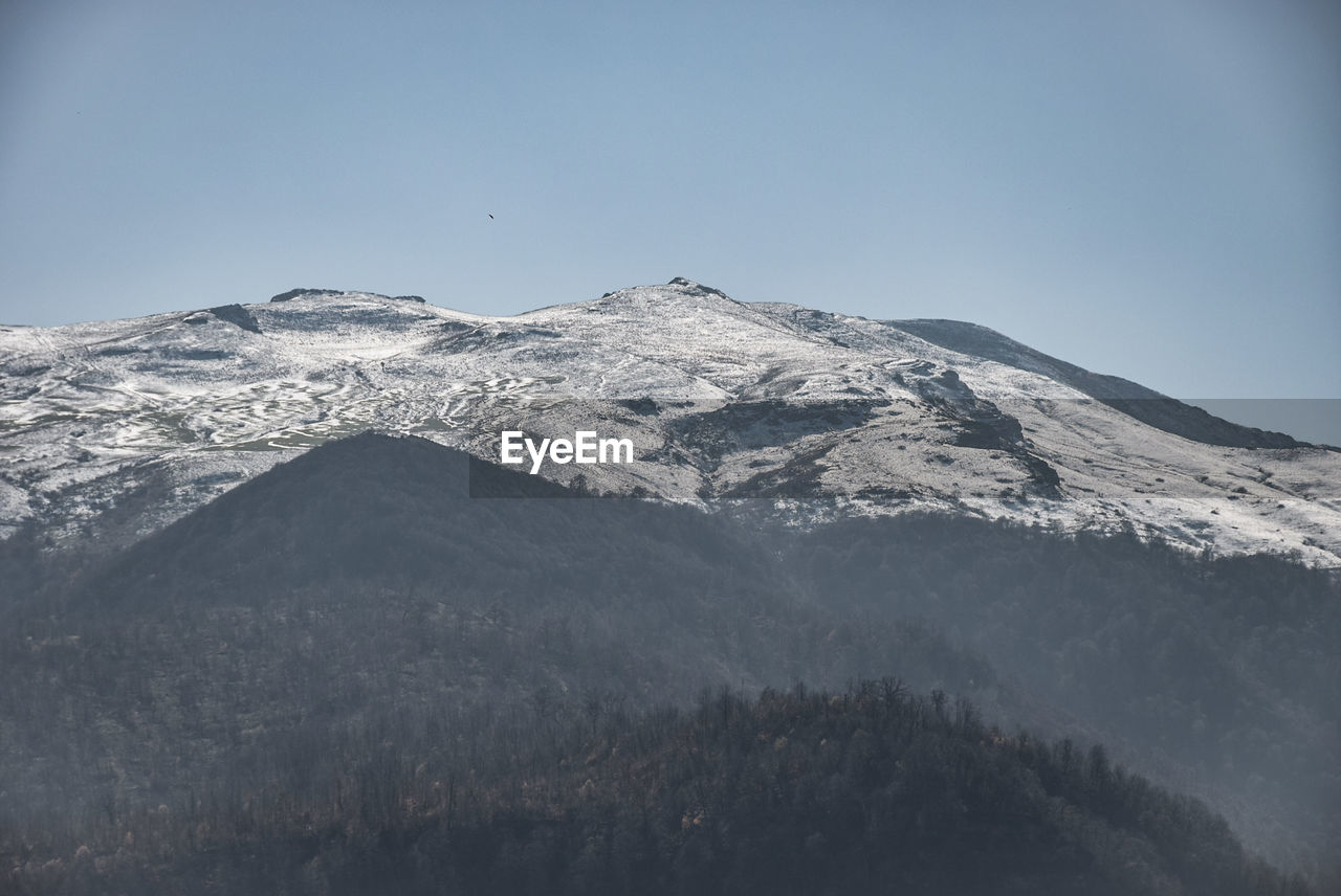 Scenic view of snowcapped mountains against clear sky