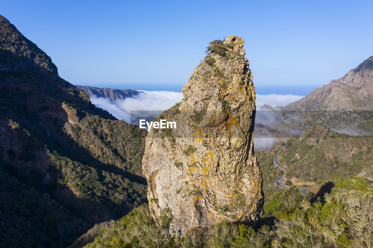 Drone view of espigon de ibosa rock formation in garajonay national park