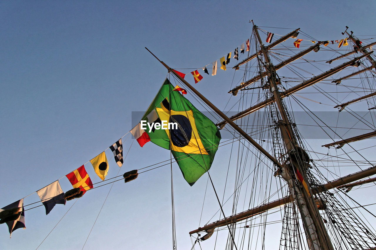 Low angle view of flags on boat against sky