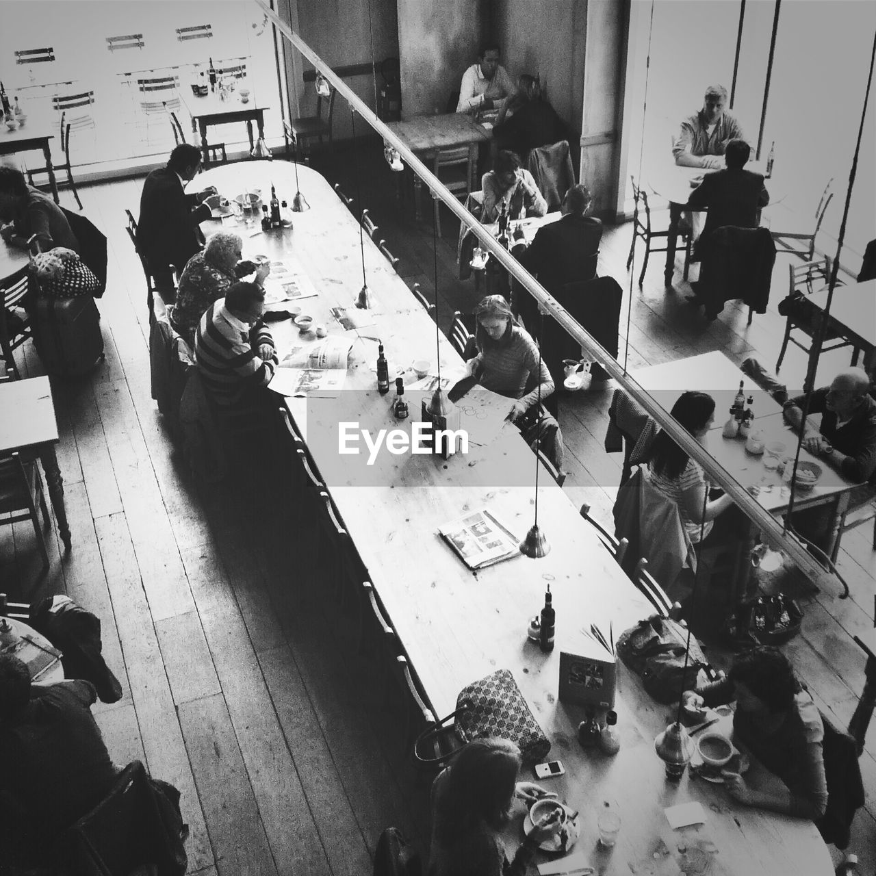 High angle view of people at restaurant tables