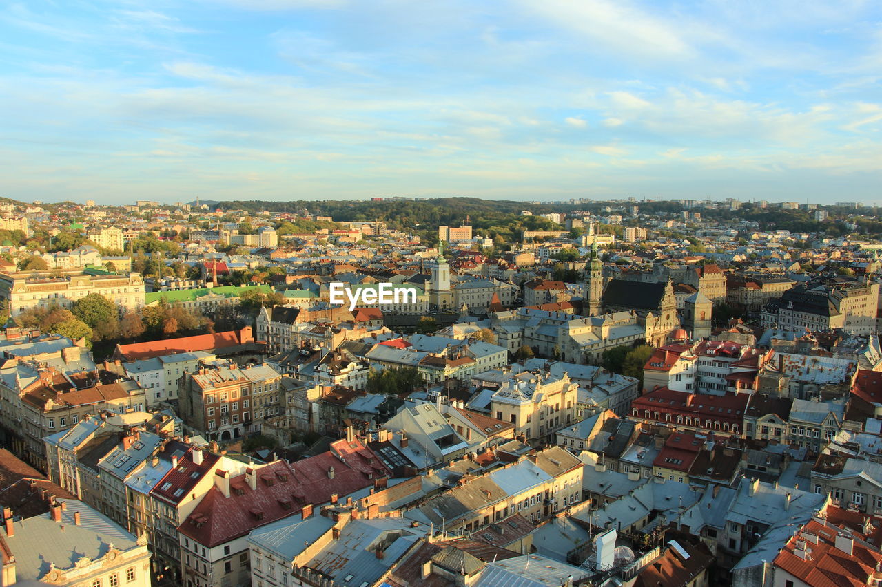 High angle shot of townscape against sky