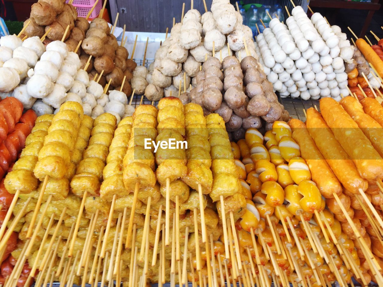 High angle view of fresh food in skewers on market stall