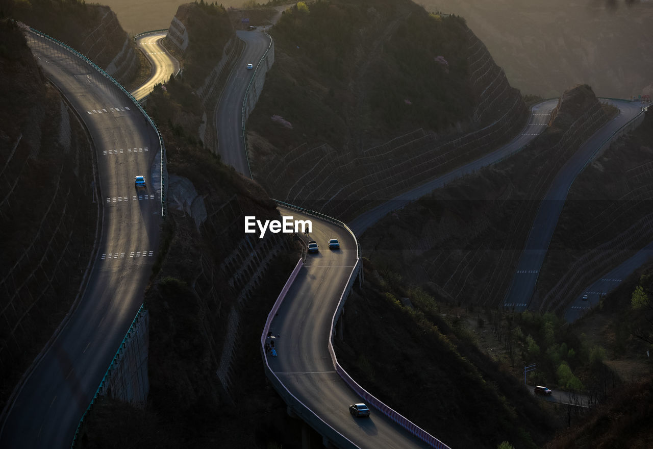 High angle view of cars on mountain roads