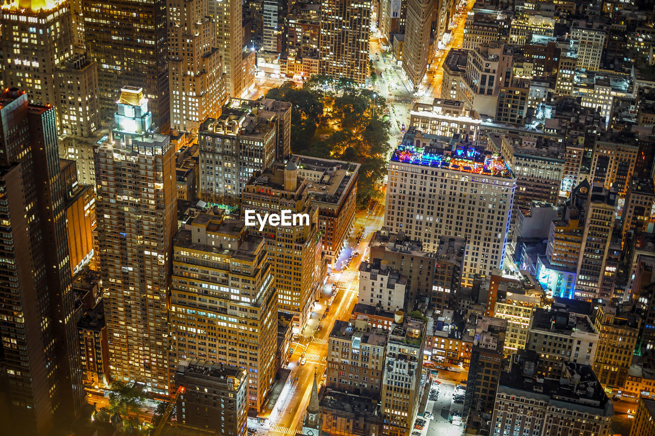 high angle view of illuminated cityscape