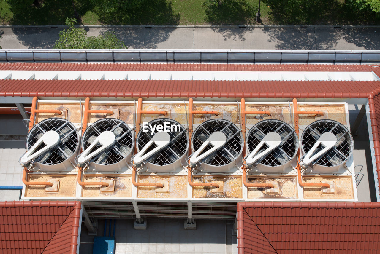 High angle view of exhaust fans on roof