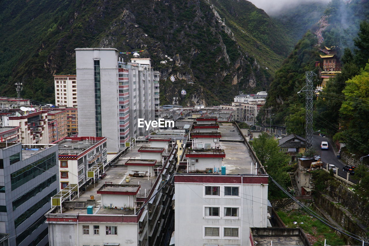 High angle view of buildings in city