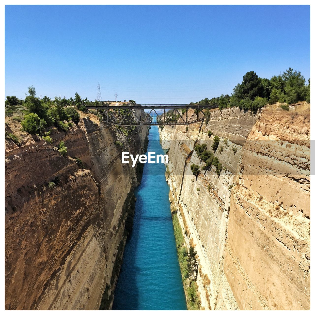 High angle view of corinth canal against clear sky