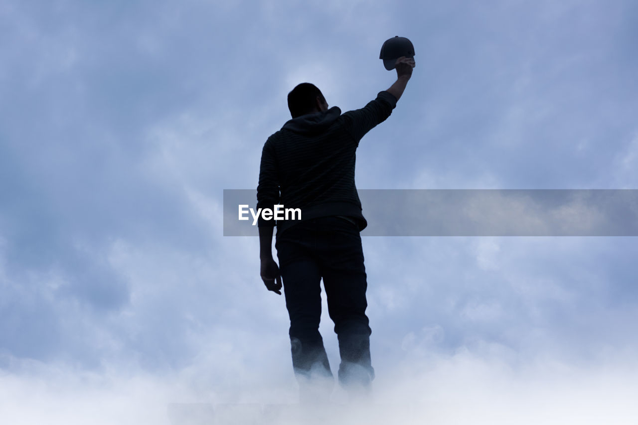 cloud, sky, blue, one person, men, sports, adult, rear view, nature, low angle view, person, success, motion, silhouette, full length, day, outdoors, activity