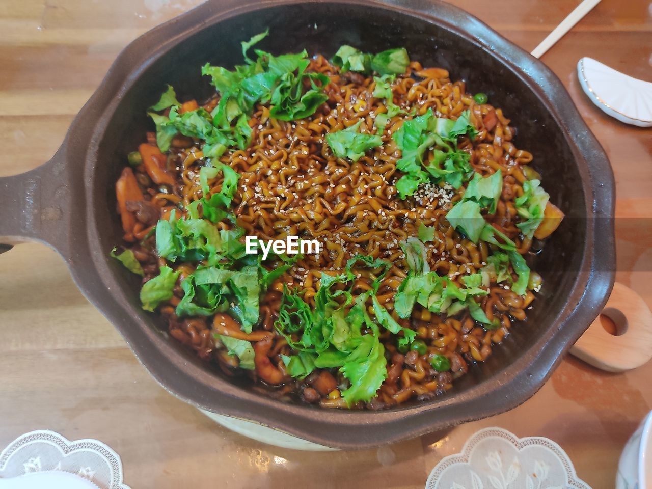 High angle view of salad in bowl on table