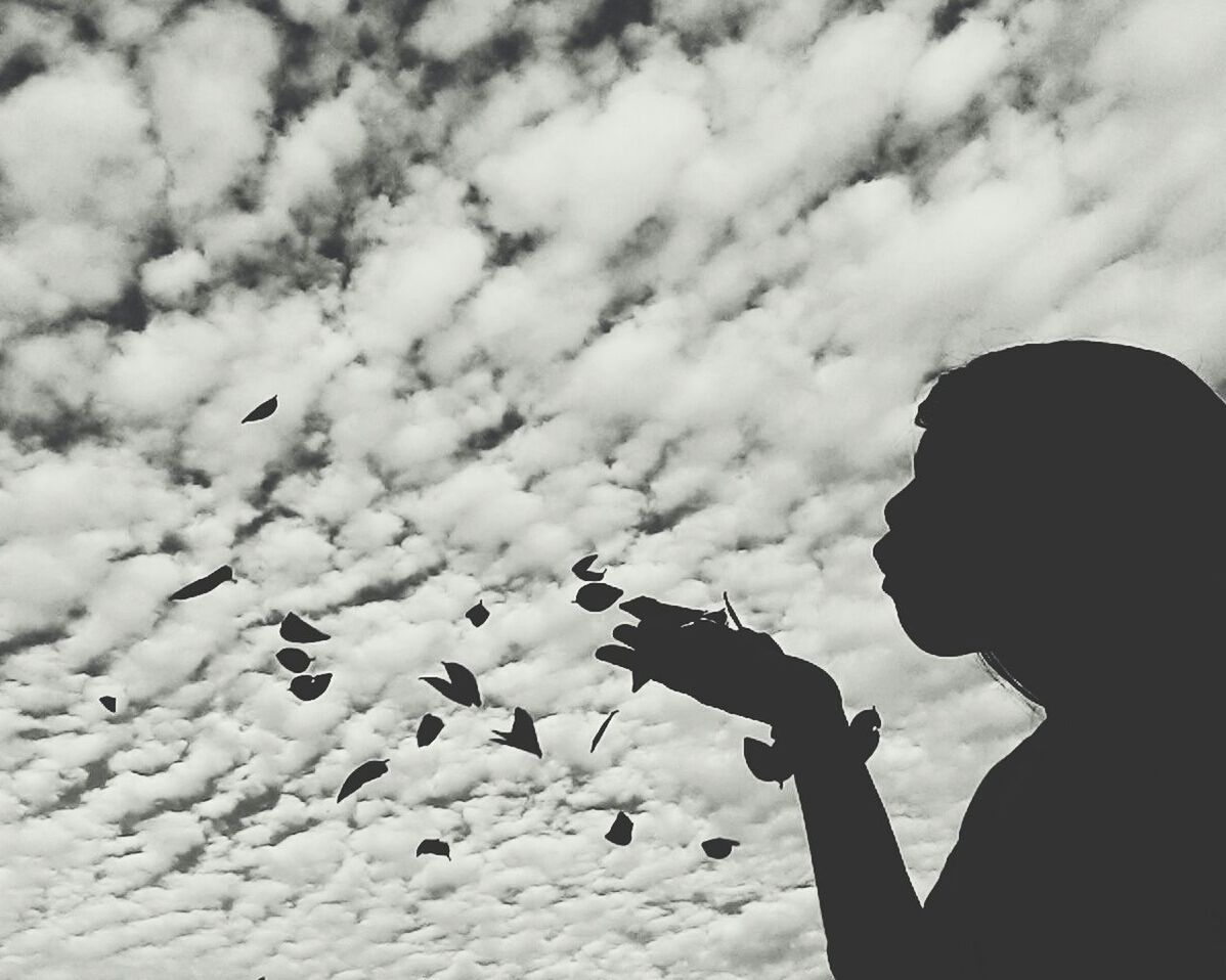 Silhouette woman blowing leaves against cloudy sky