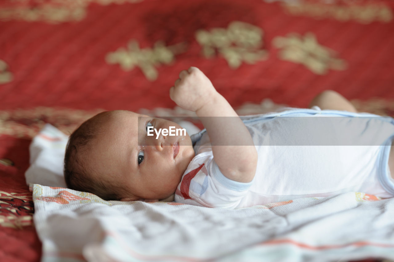 Portrait of cute baby boy lying on bed