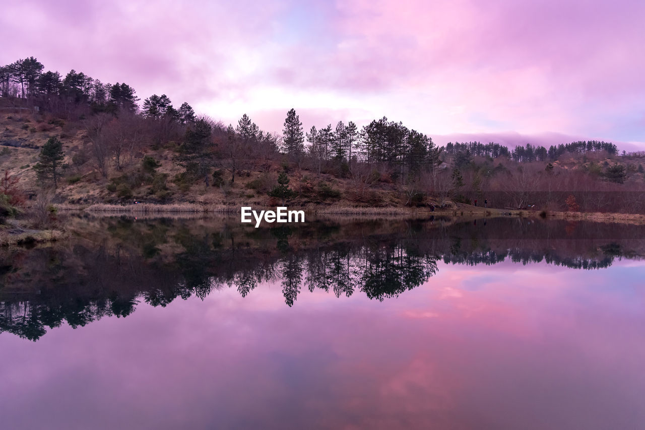 Reflection of trees in lake against sky during sunset