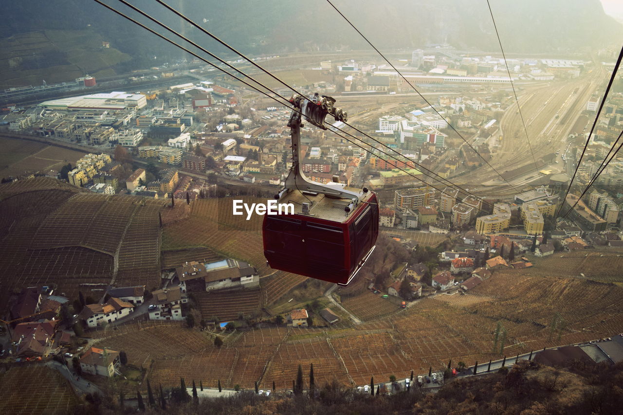 High angle view of overhead cable car over city