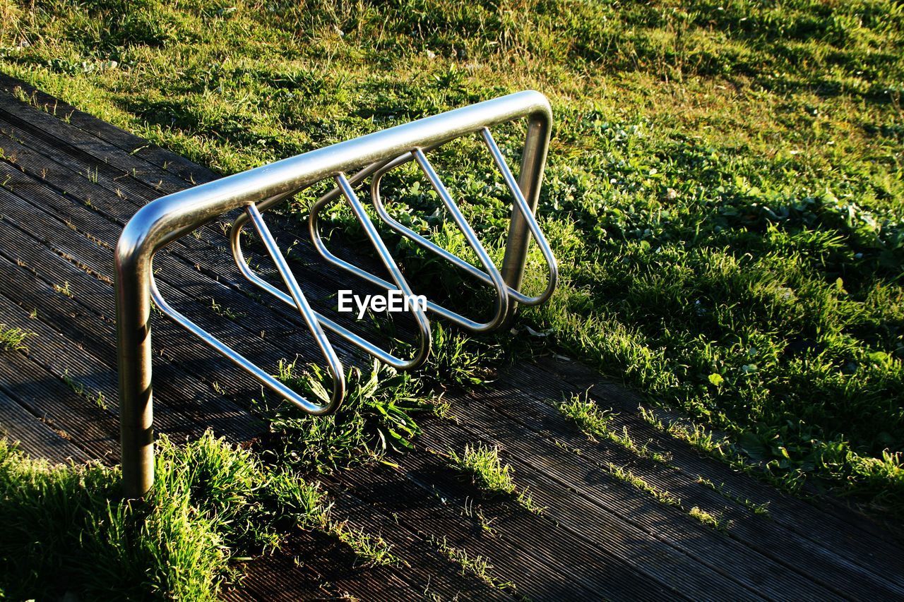 High angle view of metal structure on field