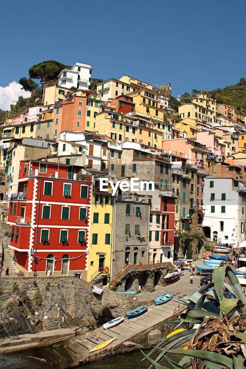 High angle view of buildings against clear sky