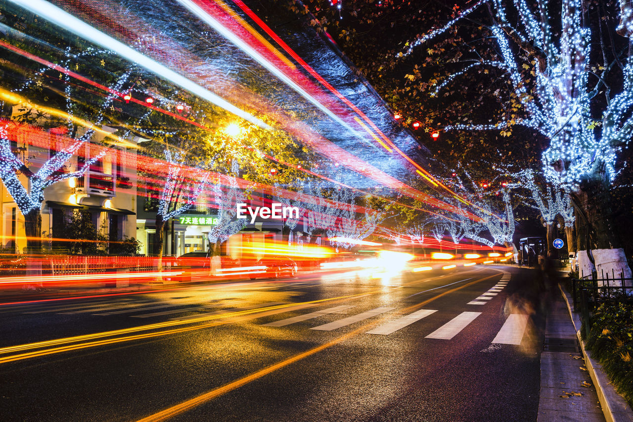 Light trails on road at night
