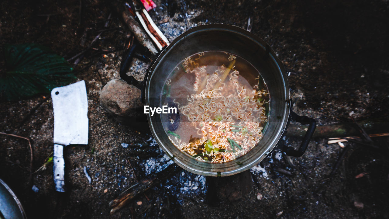 HIGH ANGLE VIEW OF MEAT IN COOKING PAN