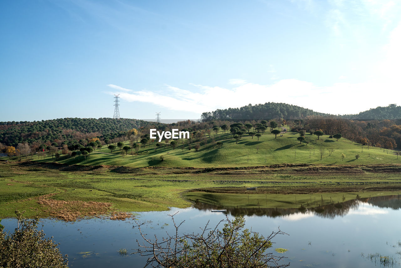 SCENIC VIEW OF LAKE AND LANDSCAPE AGAINST SKY