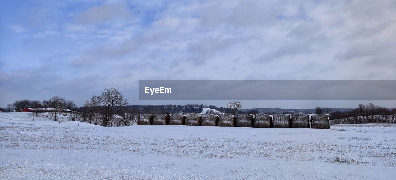 SNOW COVERED FIELD AND TREES AGAINST SKY