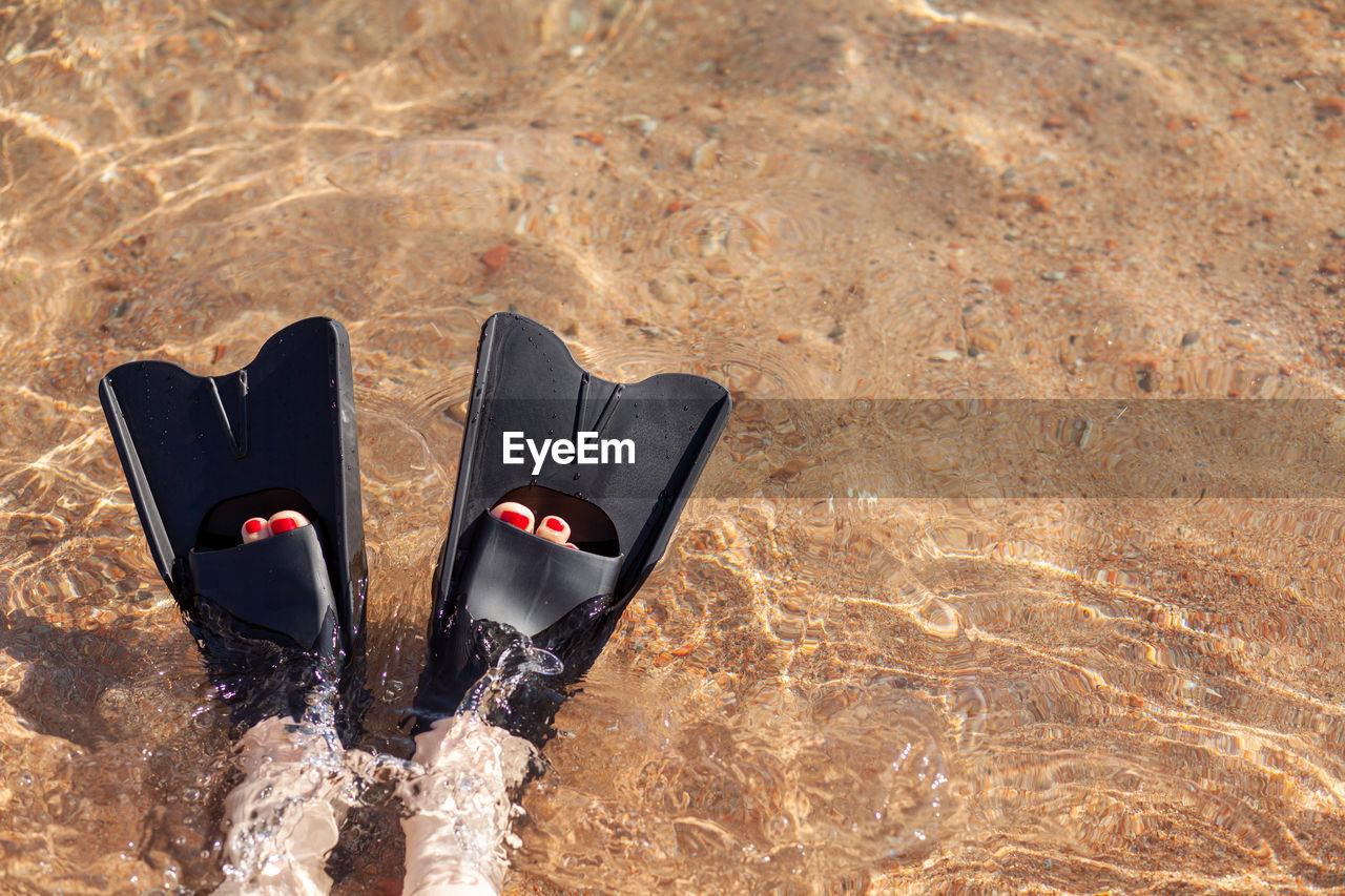 shoe, human leg, low section, high angle view, one person, nature, footwear, limb, black, lifestyles, day, personal perspective, leisure activity, land, outdoors, human foot, human limb, directly above, sports, water