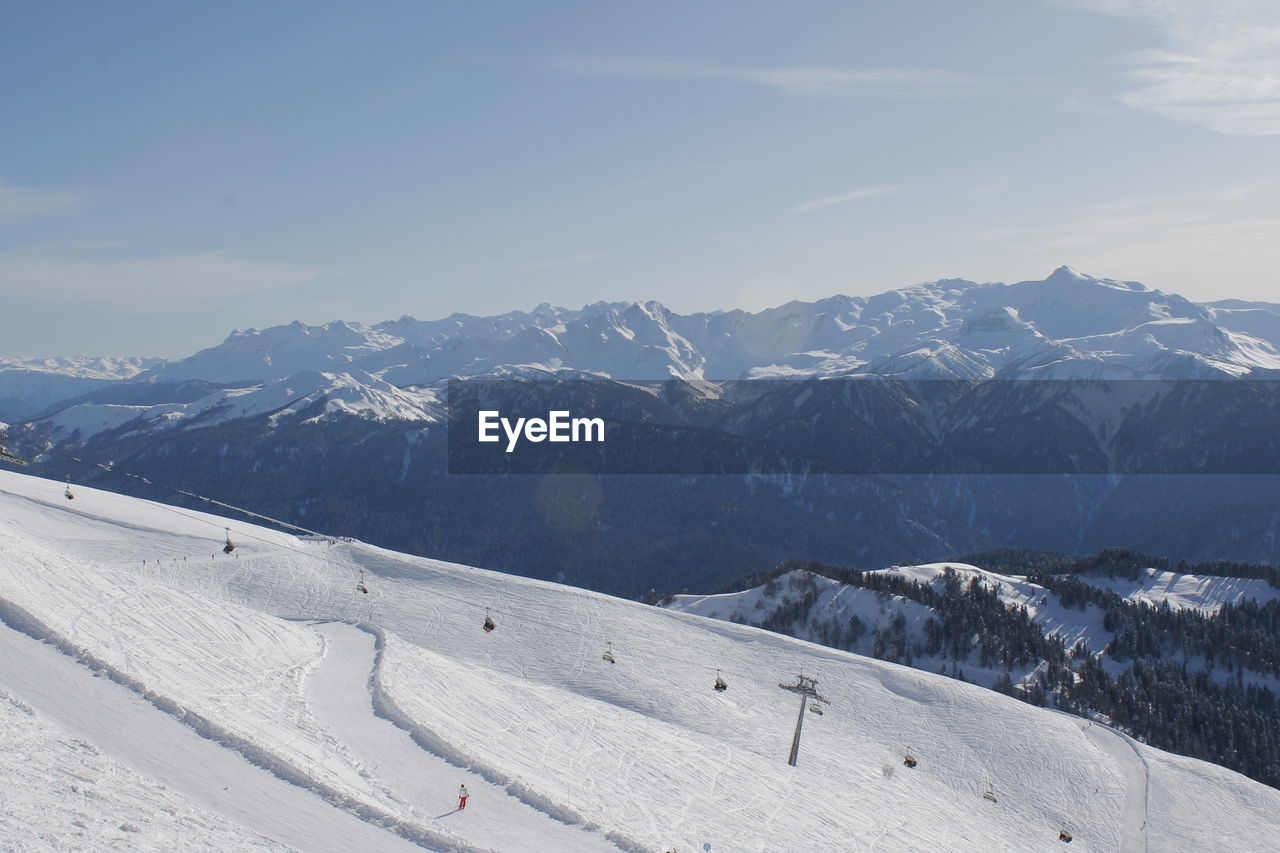 Scenic view of snow covered mountains against sky