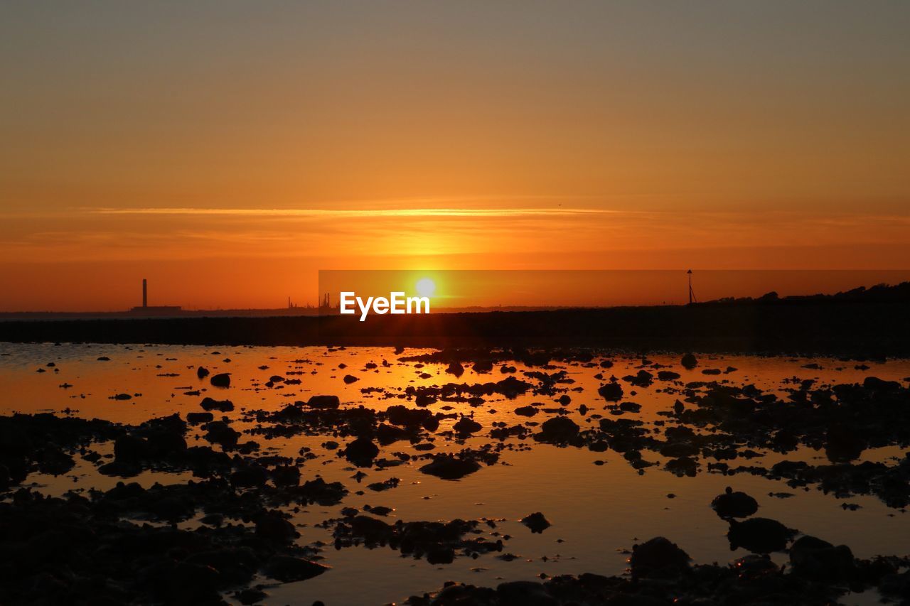 Scenic view of lake against sky during sunset