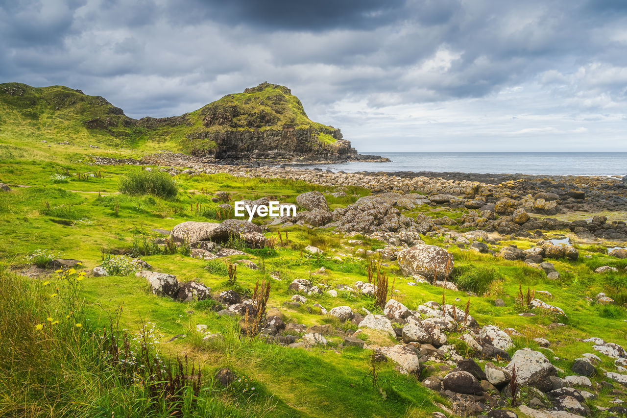 Rocky coastline with cliffs and rock formations in giants causeway, northern ireland