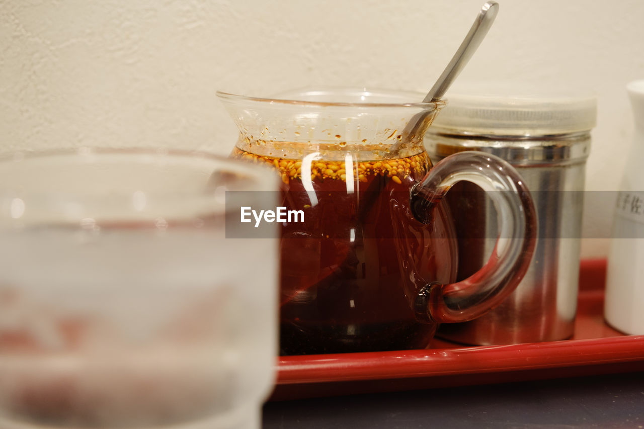 Close-up of chili sauce on table