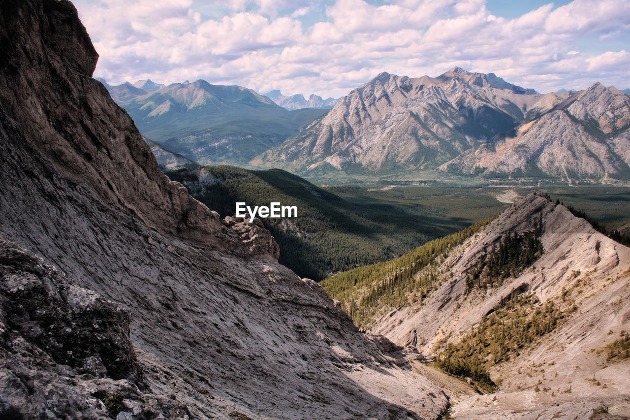 Scenic view of valley and mountains against sky