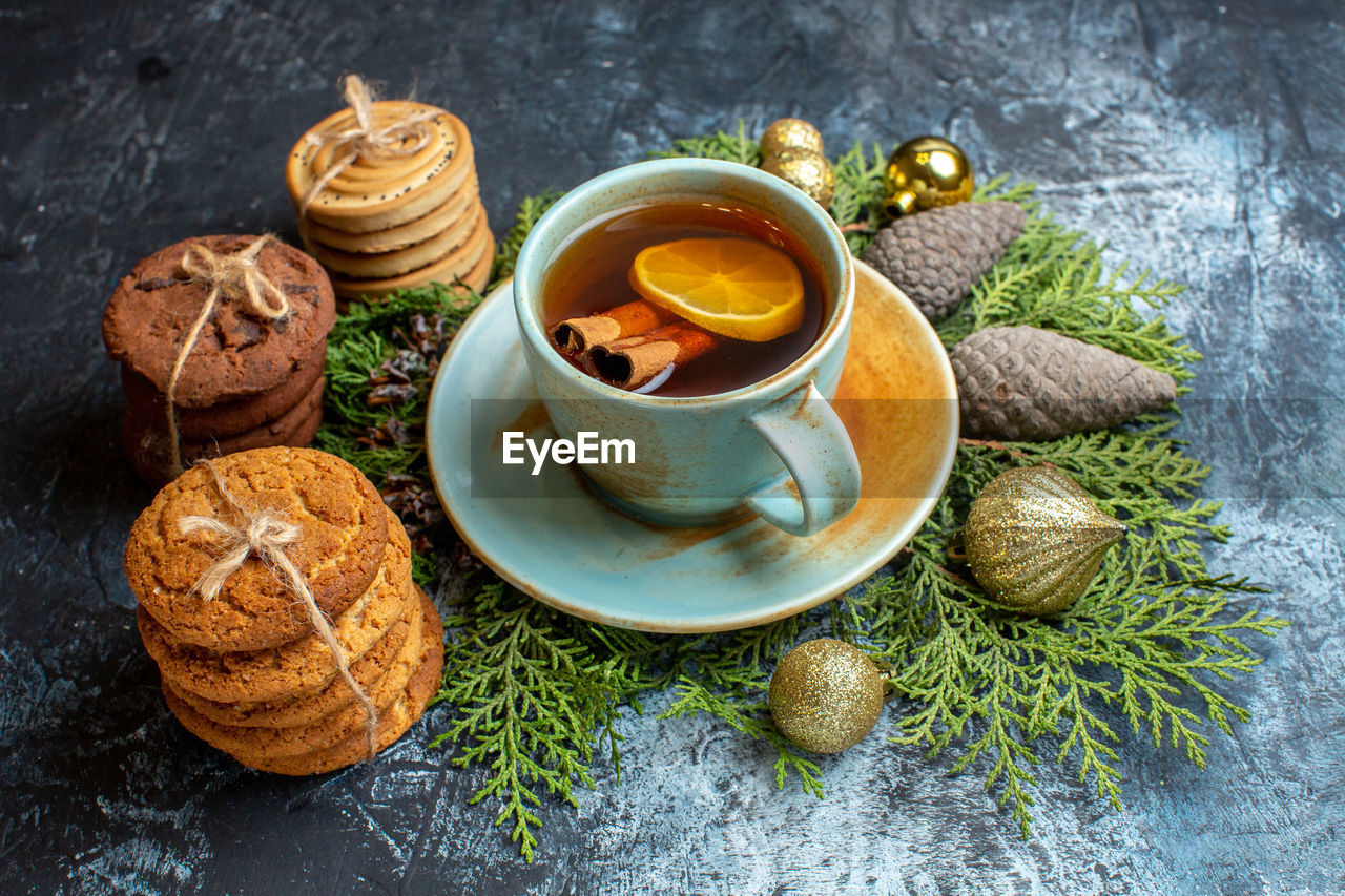 High angle view of breakfast on table