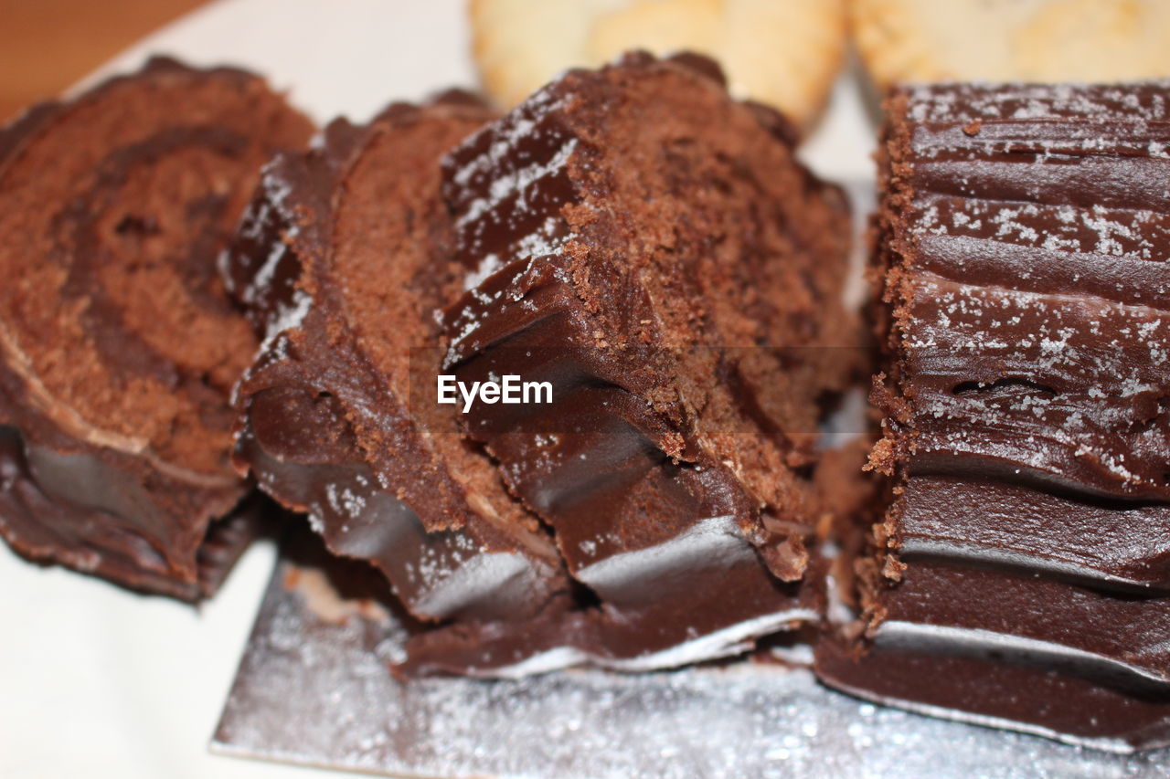 Close-up of yule log slices on table