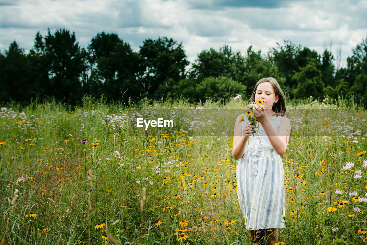 Girl picking wild flowers in a southen michigan field