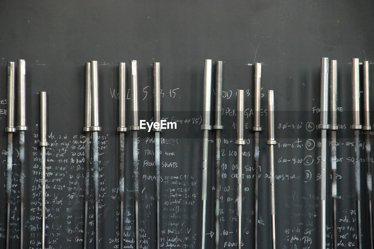 Barbells against blackboard with text