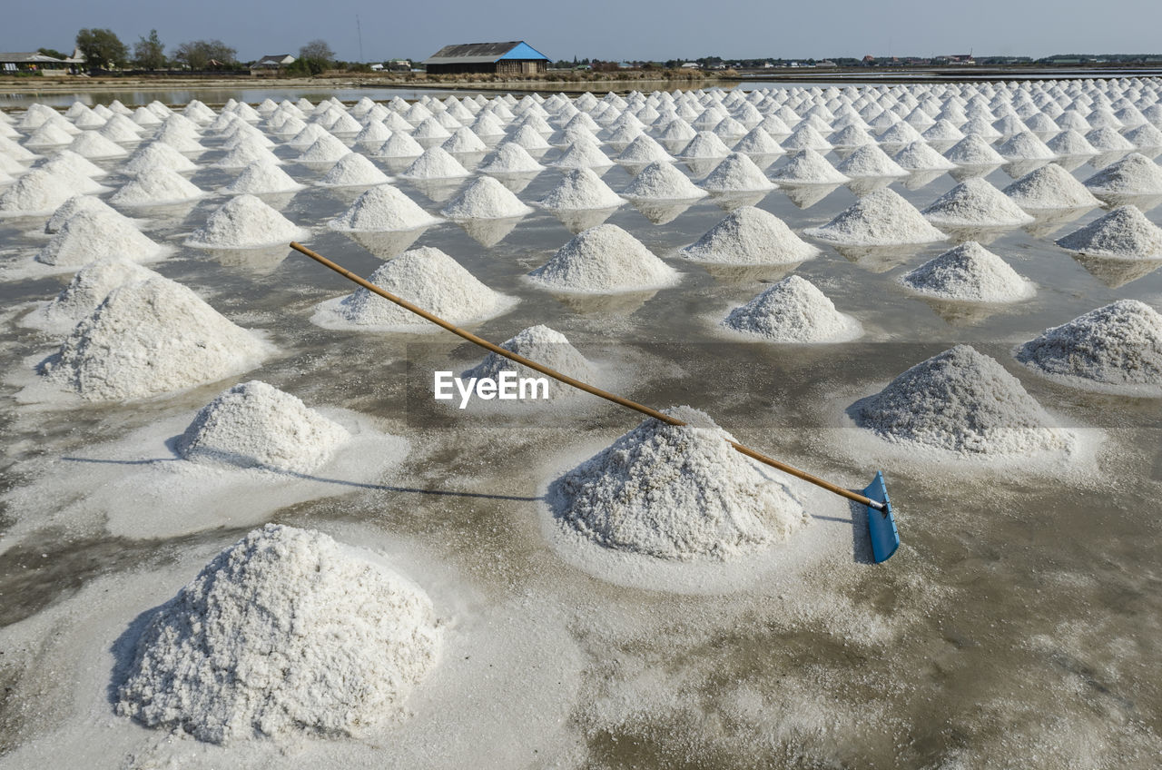 Equipment for collect salt in saline at phetchaburi, thailand