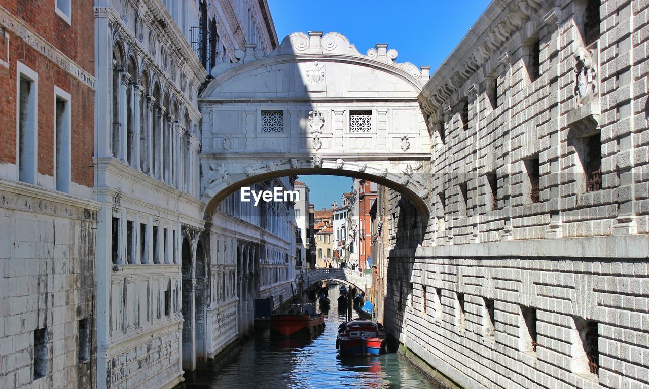 Boats in canal with buildings in background