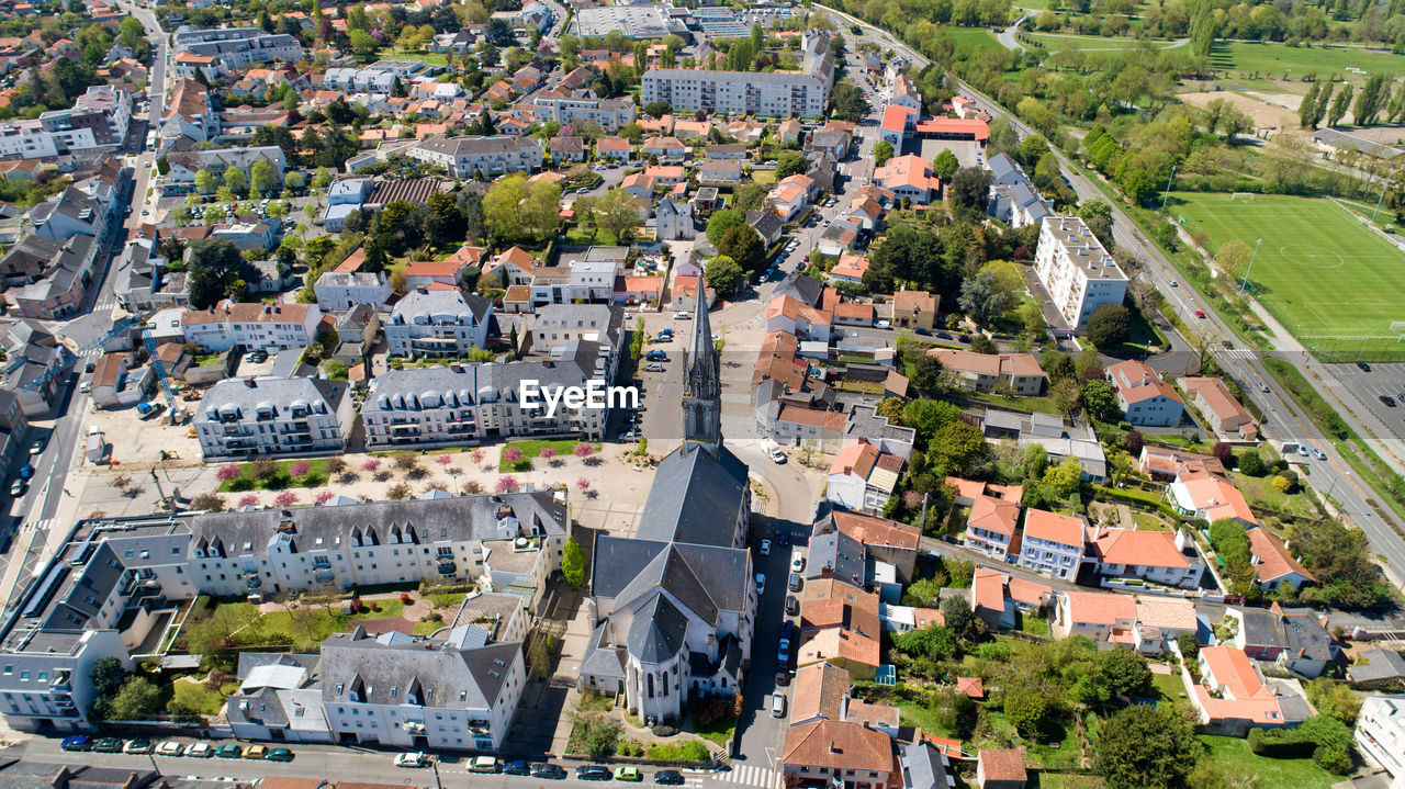 High angle view of buildings in city