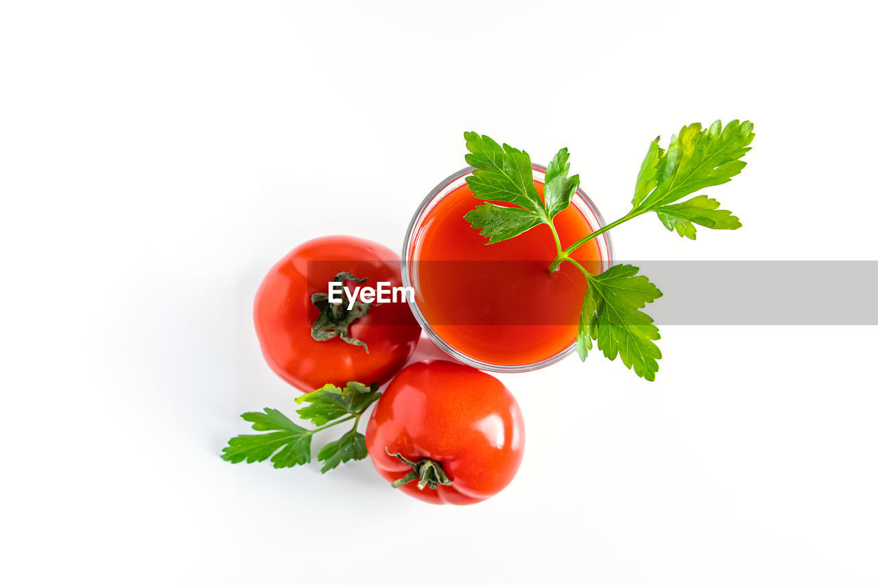 food and drink, food, healthy eating, wellbeing, vegetable, freshness, fruit, tomato, red, plant, herb, produce, studio shot, cut out, leaf, indoors, ingredient, plant part, no people, white background, organic, nature, raw food, cherry tomato, copy space, group of objects, still life, green, juicy, basil