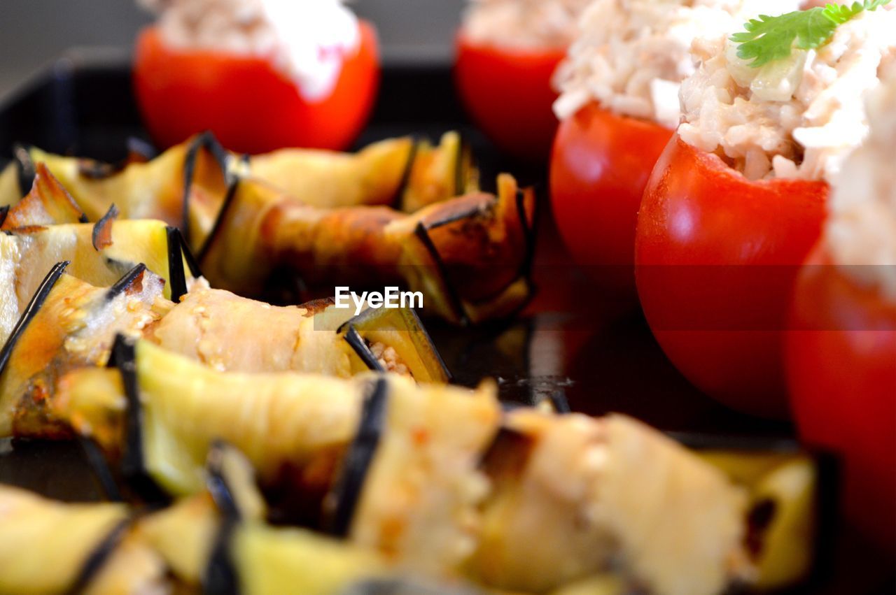 Close-up of eggplant rolls served in plate