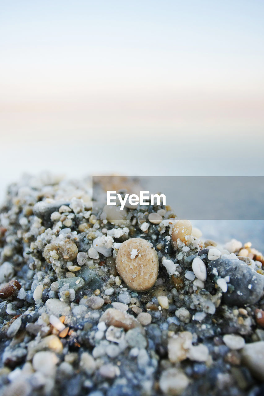 Close-up of stones at beach against clear sky