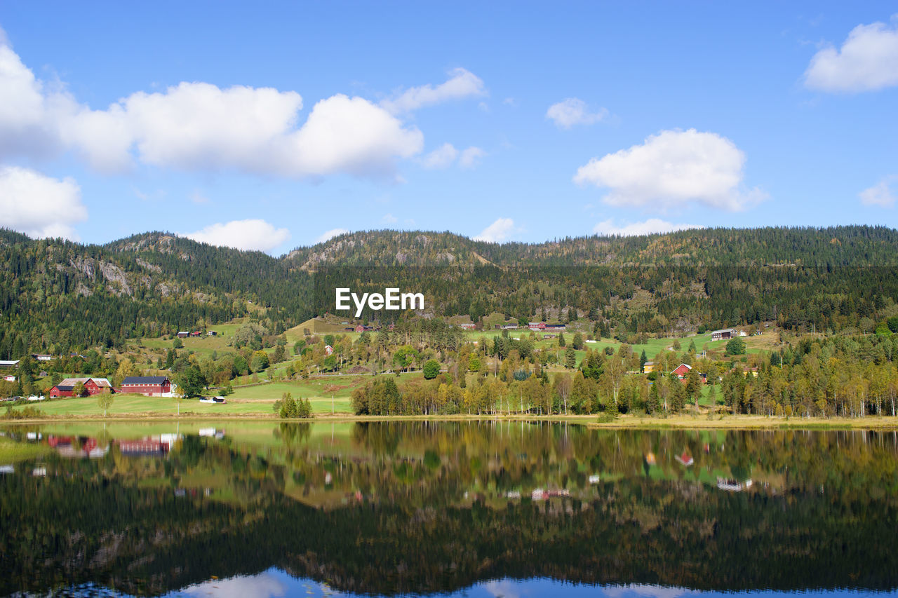 Scenic shot of calm countryside lake against mountain range