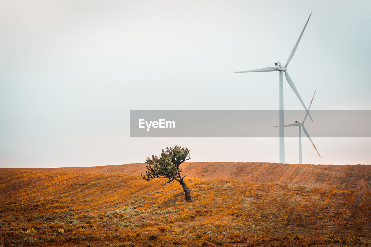 Wind turbines on field against sky