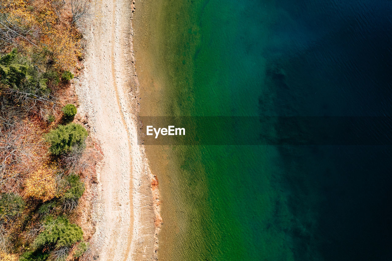 Aerial view of forest, beach and lake in autumn