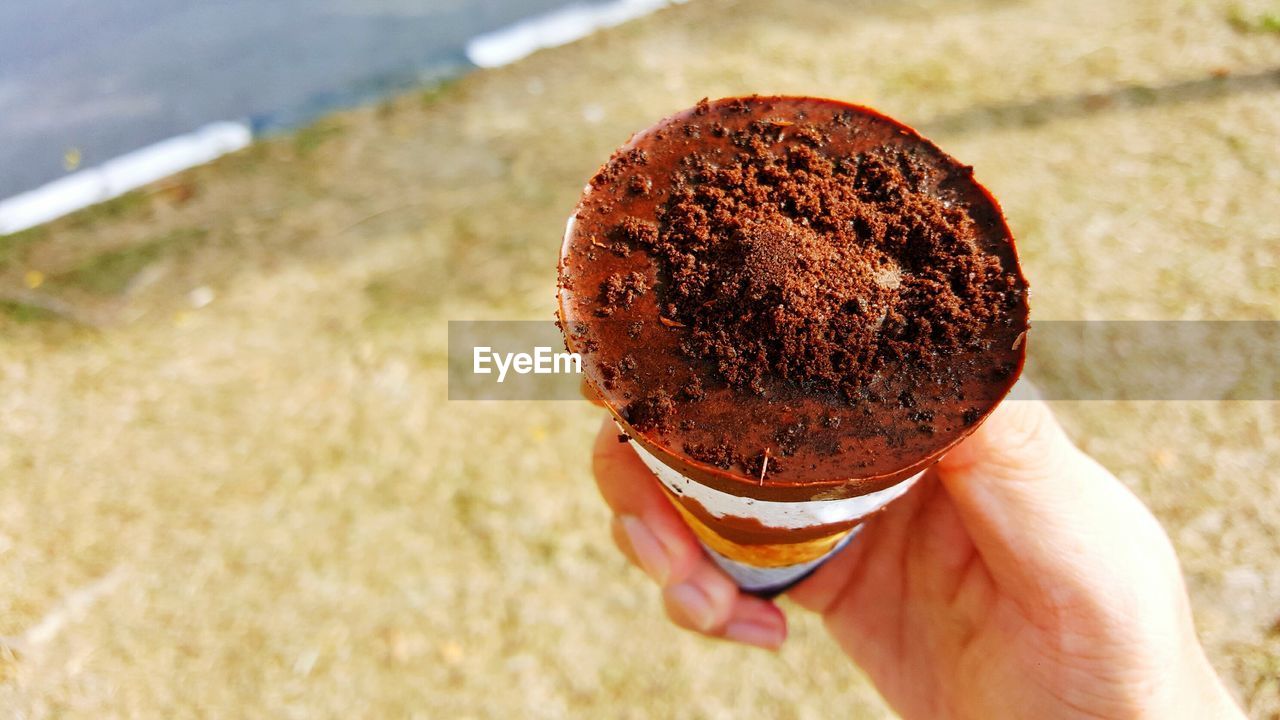 Chocolate ice cream on sunny day