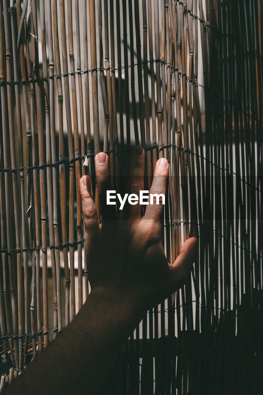 Close-up of human hand on fence